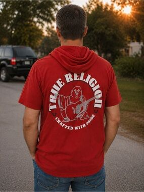 True Religion Men’s Red Short Sleeve Hooded Graphic T-Shirt